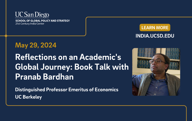 Event flyer for the Book Talk event with renowned Indian economist Pranab Bardhan